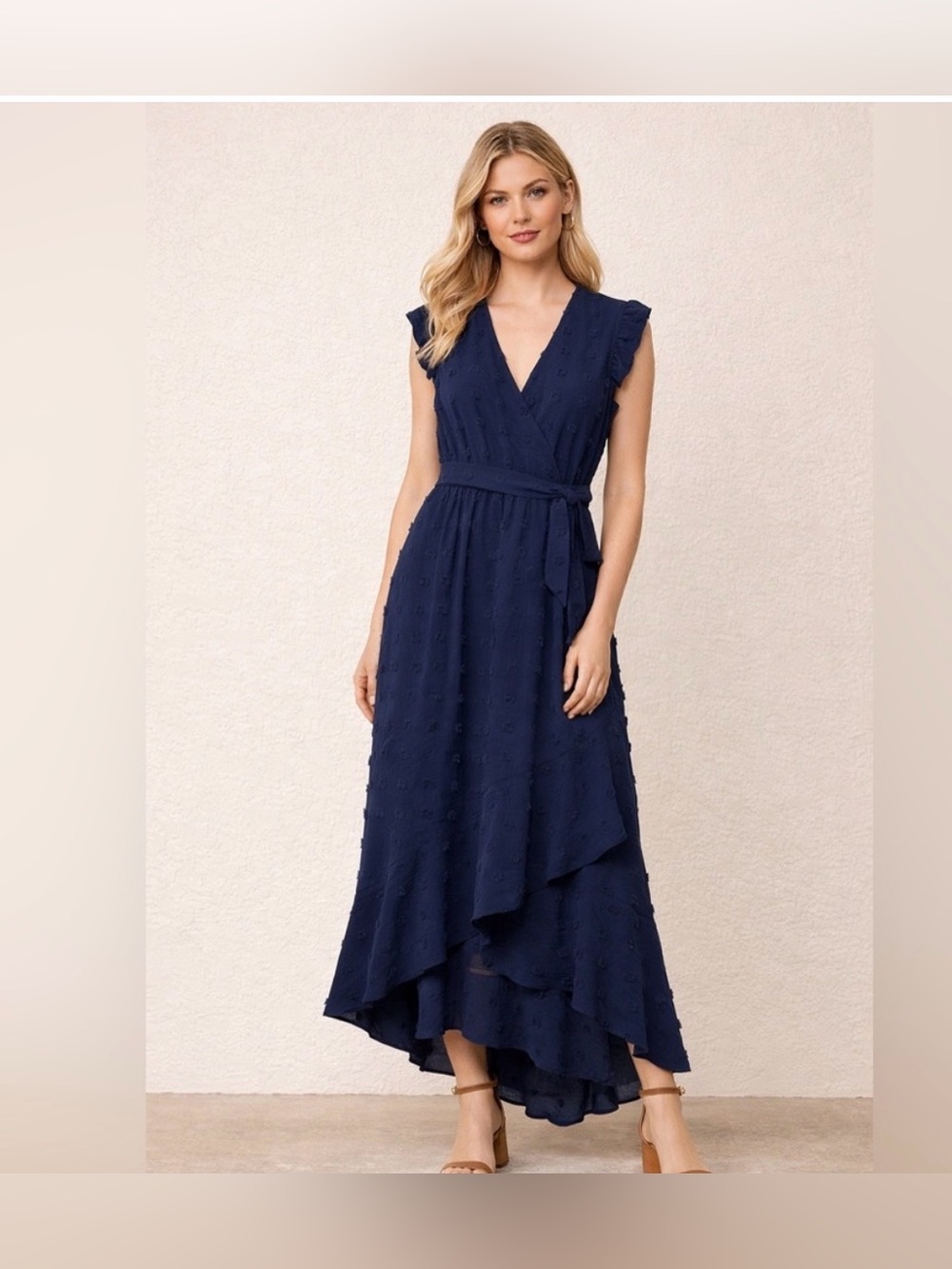 Daniel Rainn Navy Blue Ruffle Faux Wrap Dress w/ Belt Sz Med NWT
